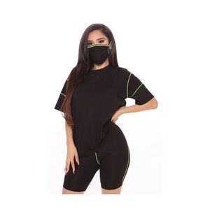 Fashion nova three piece set black with green trim tshirt and bikers w/ facemask